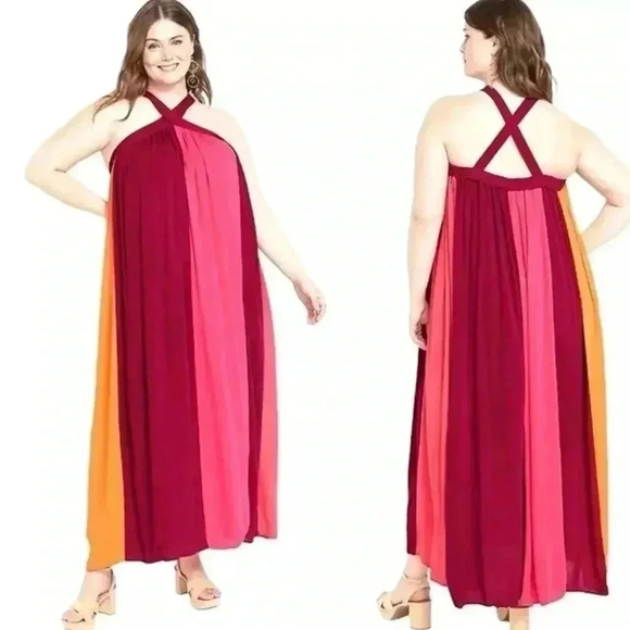 Lane Bryant Boho Maxi halter dress striped in pink orange & yellow size 22/24 - Picture 7 of 9